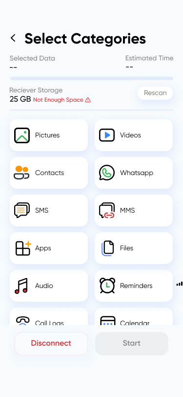 Category selection screen allowing the user to choose data types for transfer.